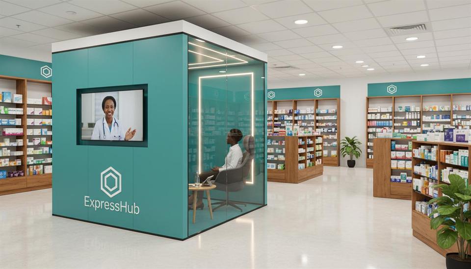 Livia ExpressHub teleconsultation booth inside a partner pharmacy